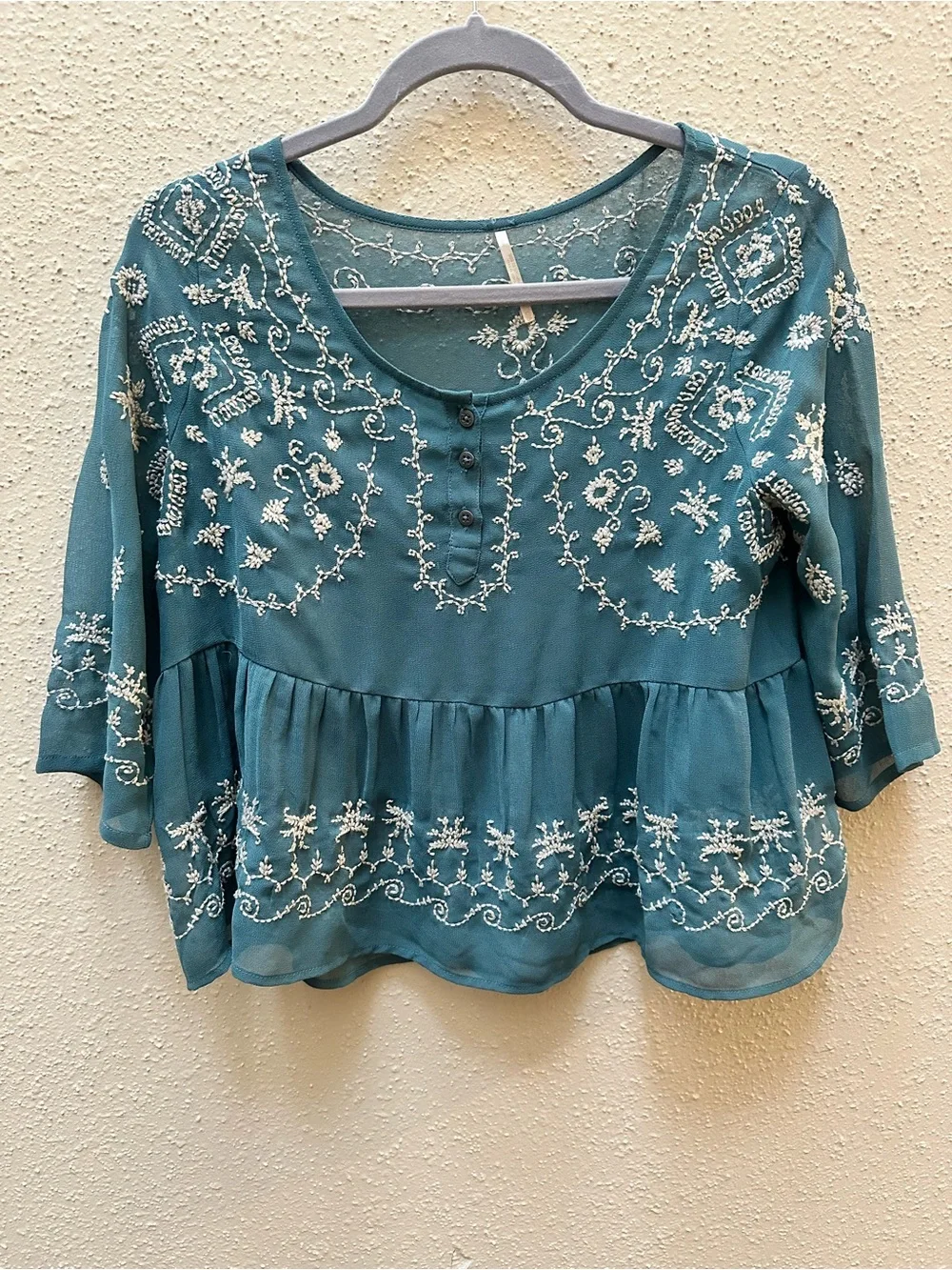 Free People Pennies Sequel Embroidered Floral Peasant Blouse Sheer Teal Boho XS